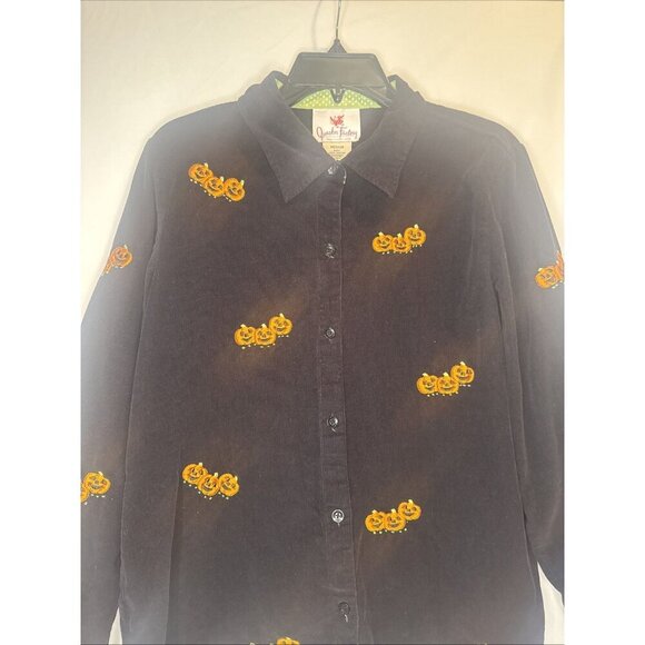 VTG Quacker Factory Black Corduroy Embroidered Pumpkin Halloween Shirt Blouse M - Picture 2 of 10